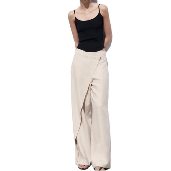 Zara Pareo Wide Leg Asymmetrical Pants Pant M Linen Blend - Picture 7 of 15